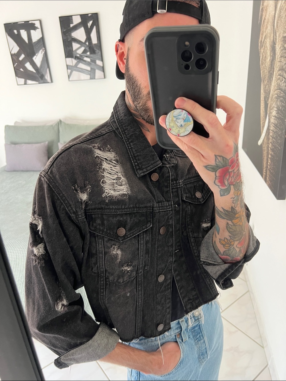 Distressed Black Denim Jacket - Casual Trucker Style